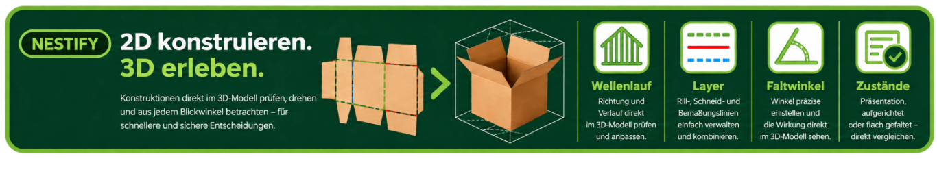 NESTIFY 3D-Ansicht einer geöffneten Kartonverpackung mit Funktionen zur interaktiven Darstellung und Präsentation.